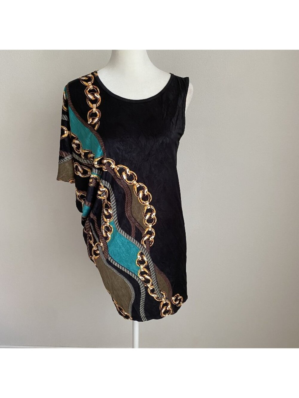 Kanvas XS Asymmetric One Shoulder Mini Dress Black Gold Chain Teal Brown
